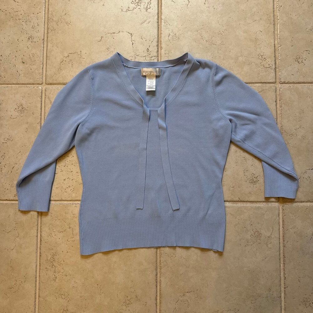 Vintage Worthington Light Blue Tie Neck 3/4 Sleeve Knit Top Size Small